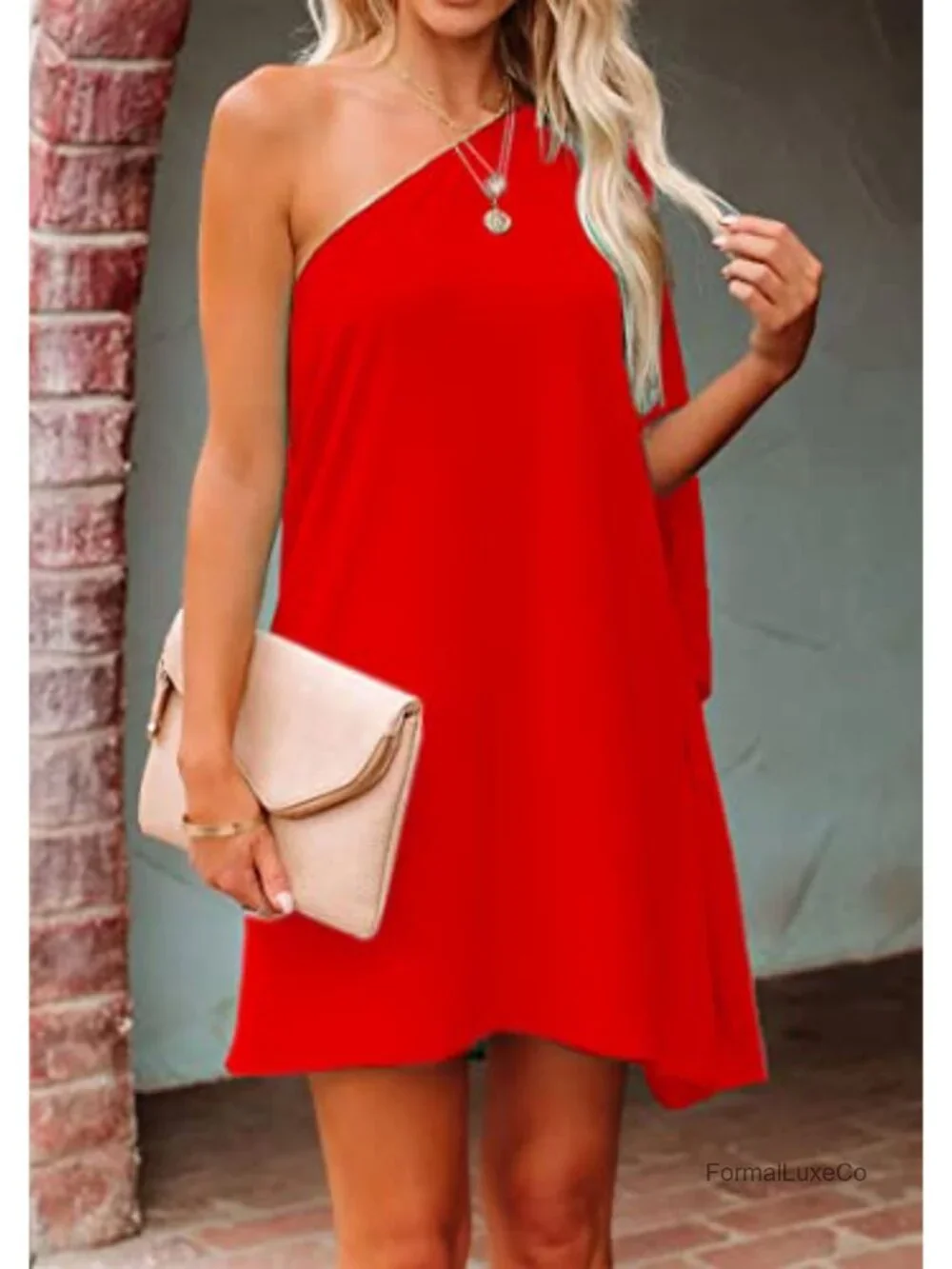 One Shoulder Ruffle Sleeve Mini Cocktail Party Dress Loose Fit